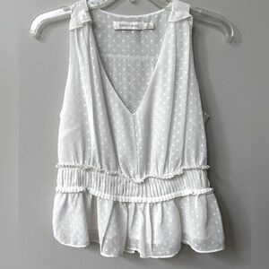 Bishop + Young Swiss Dot V Neck‎ Sleeveless Top Blouse Womens XS White Ruffle